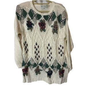 Vintage Shenanigans Women’s Sweater Hand Knit Size S Cream Floral CottageCore